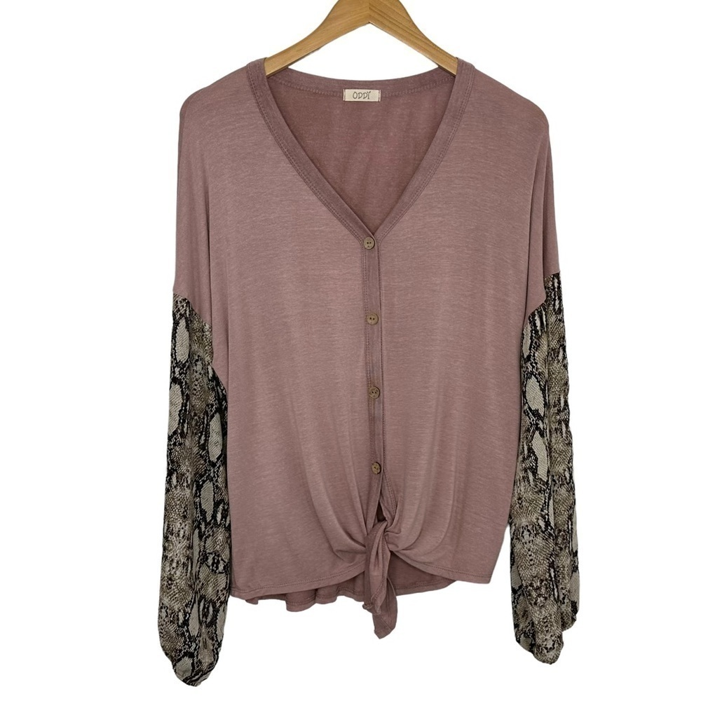 ODDY Womens V Neck Snake Print Tie Front Blouse Sz Small Mauve Button Up
